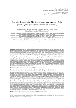 Cryptic Diversity in Mediterranean Gastropods of the Genus Aplus (Neogastropoda: Buccinidae)