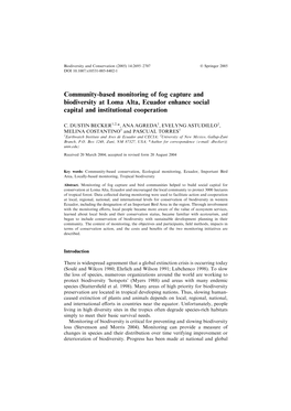 Community-Based Monitoring of Fog Capture and Biodiversity at Loma Alta, Ecuador Enhance Social Capital and Institutional Cooperation