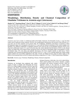 Morphology, Distribution, Density and Chemical Composition of Glandular Trichomes in Artemisia Argyi (Asteraceae)