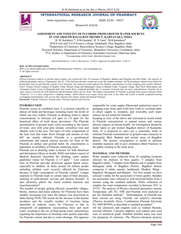 Assessment and Toxicity of Fluoride from Ground Water Sources in and Around Bagalkot District, Karnataka, India B