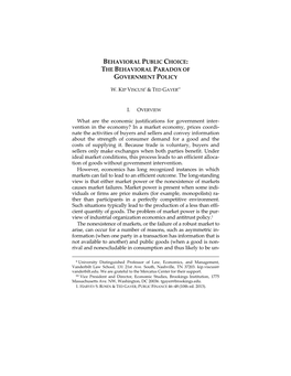 BEHAVIORAL PUBLIC CHOICE: the BEHAVIORAL PARADOX of GOVERNMENT POLICY W. KIP VISCUSI* & TED GAYER** What Are the Economic Ju