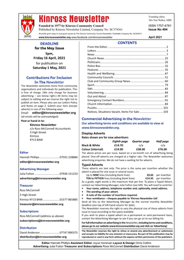 Kinross Newsletter Mrs Nan Walker, MBE Founded in 1977 by Kinross Community Council ISSN 1757-4781 Published by Kinross Newsletter Limited, Company No