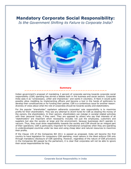 Mandatory Corporate Social Responsibility: Is the Government Shifting Its Failure to Corporate India?