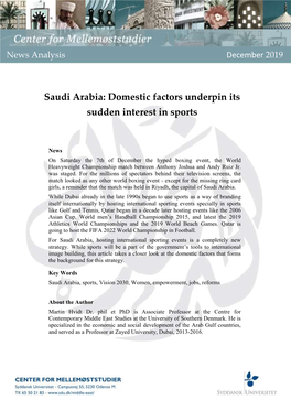 Saudi Arabia: Domestic Factors Underpin Its Sudden Interest in Sports