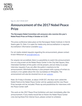 Announcement of the 2017 Nobel Peace Prize