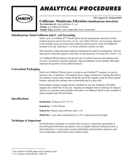 Membrane Filtration (Simultaneous Detection) for Detection Of: Total Coliforms, E