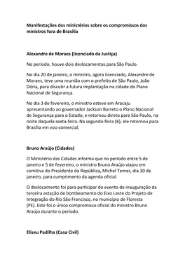 Manifestações Dos Ministérios Sobre Os Compromissos Dos Ministros Fora De Brasília