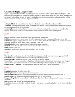 Glossary of Rugby League Terms Rugby League Like Other Sports Has Its Own “Jargon” Used to Describe Certain Aspects of Playing the Game