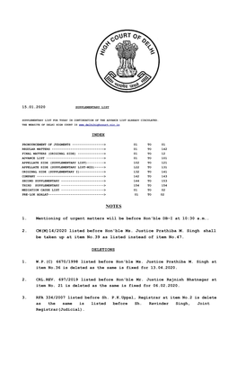 14/2020 Listed Before Hon'ble Ms. Justice Prathiba M. Singh Shall Be Taken up at Item No.39 As Listed Instead of Item No.47