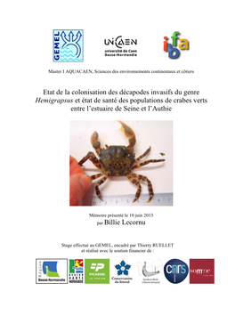 Etat De La Colonisation Des Décapodes Invasifs Du Genre Hemigrapsus Et État De Santé Des Populations De Crabes Verts Entre L’Estuaire De Seine Et L’Authie