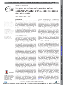 Empyema Necessitans and a Persistent Air Leak Associated with Rupture of an Anaerobic Lung Abscess Due to Bacteroides Varun Sharma,1 Kevin G Blyth1,2