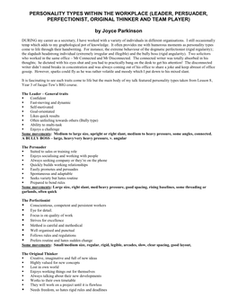 Personality Types Within the Workplace (Leader, Persuader, Perfectionist, Original Thinker and Team Player)