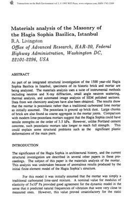 Materials Analysis of the Masonry of the Hagia Sophia Basilica, Istanbul