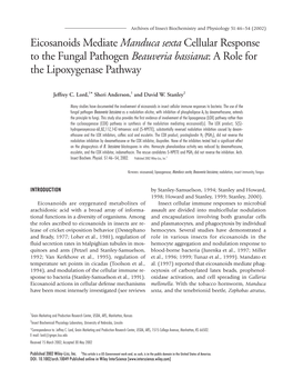 Eicosanoids Mediate Manduca Sexta Cellular Response to the Fungal Pathogen Beauveria Bassiana: a Role for the Lipoxygenase Pathway