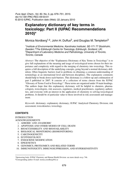 Explanatory Dictionary of Key Terms in Toxicology: Part II (IUPAC Recommendations 2010)*