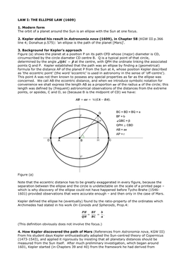 LAW I: the ELLIPSE LAW (1609) 1. Modern Form the Orbit of a Planet