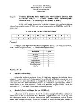 Government of Pakistan Federal Bureau of Statistics Sample Design Section Islamabad Subject: CODING SCHEME for ASSIGNING PROCES