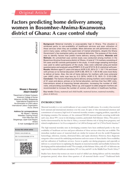 Factors Predicting Home Delivery Among Women in Bosomtwe-Atwima-Kwanwoma District of Ghana: a Case Control Study