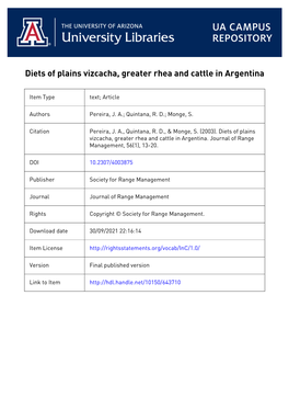 Diets of Plains Vizcacha, Greater Rhea and Cattle in Argentina