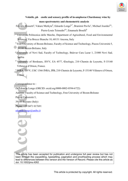 Volatile, Ph Enolic and Sensory Profile of In‐Amphorae Chardonnay Wine by Mass Spectrometry and Chemometric Analysis