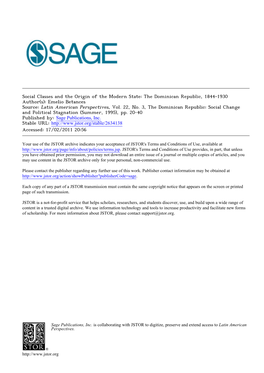 Social Classes and the Origin of the Modern State: the Dominican Republic, 1844-1930 Author(S): Emelio Betances Source: Latin American Perspectives, Vol