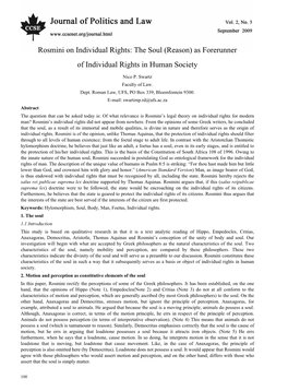 Rosmini on Individual Rights: the Soul (Reason) As Forerunner of Individual Rights in Human Society