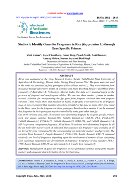 Studies to Identify Genes for Fragrance in Rice (Oryza Sativa L.) Through Gene Specific Primers