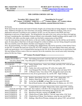 BILL Mckivor CTCC #3 PO BOX 46135 SEATTLE, WA 98146 (206) 244-8345 ------E-Mail Copperman@Thecoppercorner.Com WEB SITE------Bookmark