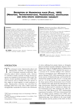 DESCRIPTION of HAEMONCHUS PLACEI (Place, 1893) (Nematoda, TRICHOSTRONGYLIDAE, HAEMONCHINAE), IDENTIFICATION and INTRA-SPECIFIC MORPHOLOGIC VARIABILITY