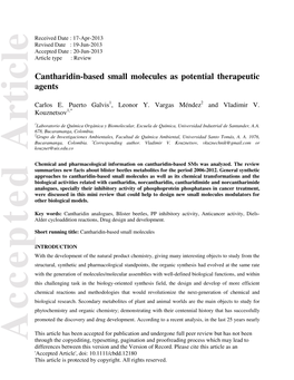 Cantharidinbased Small Molecules As Potential Therapeutic Agents