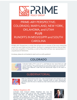 PRIME-ARY PERSPECTIVE: COLORADO, MARYLAND, NEW YORK, OKLAHOMA, and UTAH PLUS RUNOFFS in MISSISSIPPI and SOUTH CAROLINA
