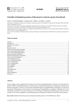 Zootaxa 2123: 1–45 (2009) ISSN 1175-5326 (Print Edition) Article ZOOTAXA Copyright © 2009 · Magnolia Press ISSN 1175-5334 (Online Edition)