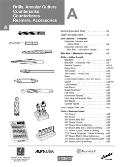 Drills, Annular Cutters Countersinks Counterbores Reamers, Accessories a a Decimal Equivalent Chart