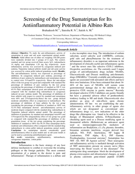 Screening of the Drug Sumatriptan for Its Antiinflammatory Potential in Albino Rats Brahadeesh M.1* , Suresha R