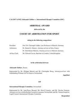 Arbitral Award Court of Arbitration for Sport