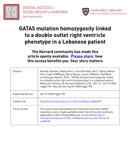 GATA5 Mutation Homozygosity Linked to a Double Outlet Right Ventricle Phenotype in a Lebanese Patient