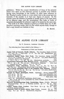 Library :­ Publications of Clubs and Societies Alpine Club of Canada, Banff, Alberta