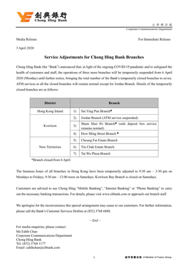 Service Adjustments for Chong Hing Bank Branches