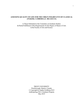 Assessing Quality of Life for the Urban Inhabitants of Classical Angkor, Cambodia (C