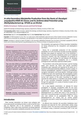 In Vitro Secondary Metabolite Production from the Roots of Decalepis Arayalpathra KMA 05 Clones and Its Antimicrobial Potential Using Methylobacterium Sp