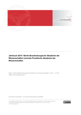 Jahrbuch 2014 / Berlin-Brandenburgische Akademie Der Wissenschaften (Vormals Preußische Akademie Der Wissenschaften