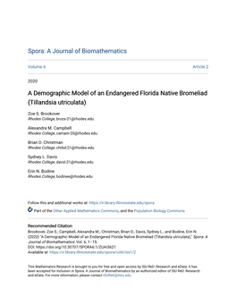 A Demographic Model of an Endangered Florida Native Bromeliad (Tillandsia Utriculata)
