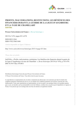 Profits, Malversations, Restitutions. Les Bénéfices Des Financiers Durant La