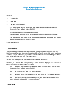 Cherhill New Village Hall CRTBO Consultation Statement Contents 1