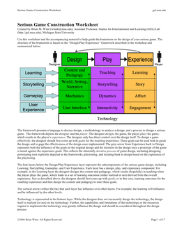 Serious Game Construction Worksheet Created by Brian M