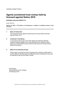 (Unclaimed Trust Money Held by Licensed Agents) Notice 2010