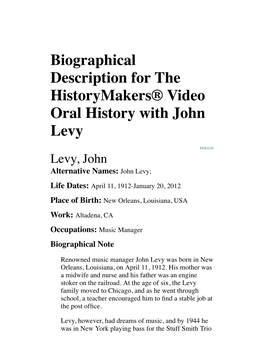 Biographical Description for the Historymakers® Video Oral History with John Levy