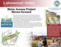 Lakewood Index City of Lakewood Economic Development Newsletter Aug/Sept 2016 More Information at Motor Avenue Project Cityoflakewood.Us Moves Forward
