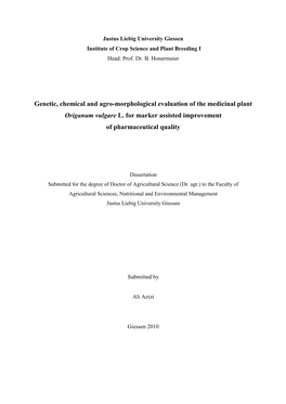 Genetic, Chemical and Agro-Morphological Evaluation of the Medicinal Plant Origanum Vulgare L