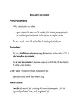 Basic Concepts of Data Assimilation Numerical Weather Prediction NWP